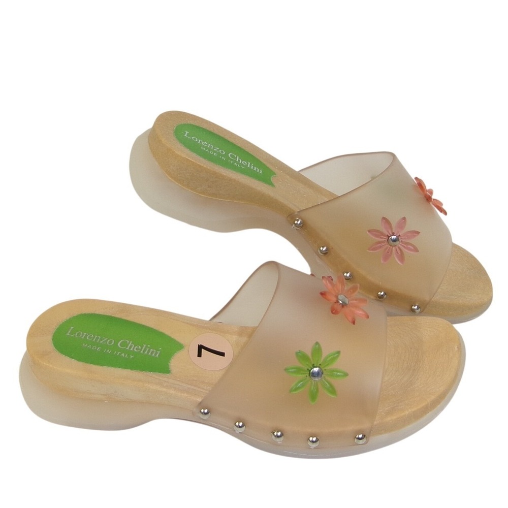 Lorenzo Chelini Italy Floral Translucent Wooden Wedge Slide Sandals NOS 7